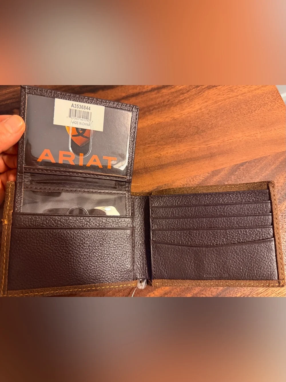 Ariat Brown and Tan Camouflage Suede Passcase Wallet with Flag Patch